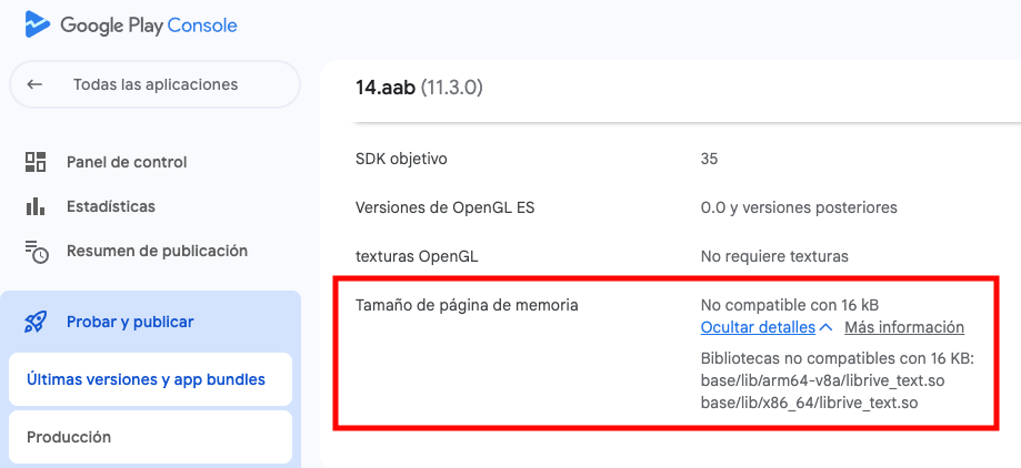 Google Console: No compatible con 16 kB